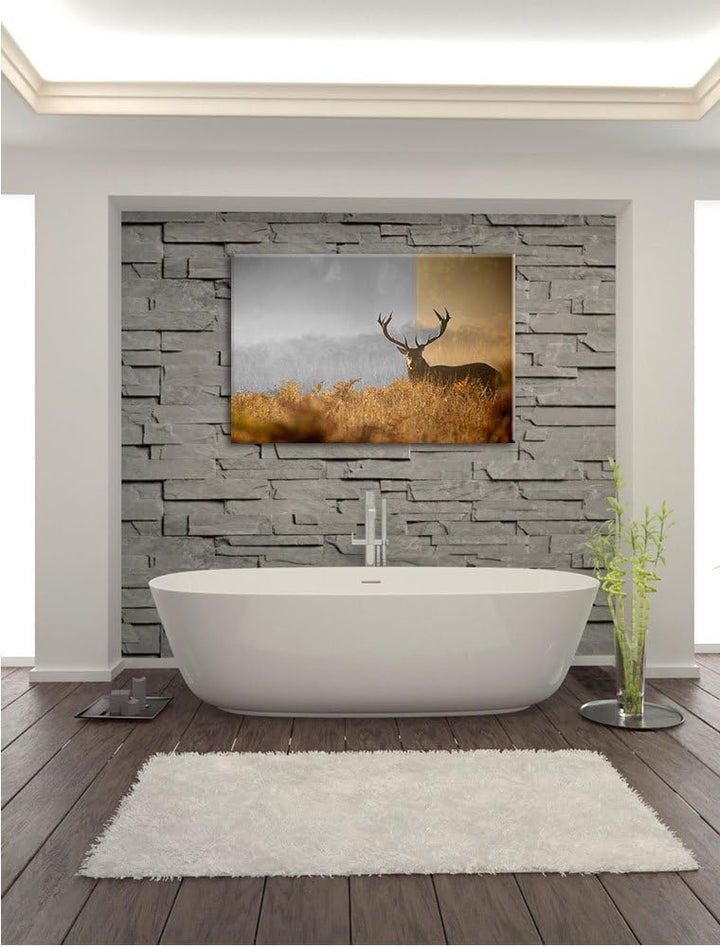 Pixxprint Rotwild Hirsch im Nebel als Leinwandbild/Grösse: 100x70 / Wandbild/Kunstdruck/fertig bespa