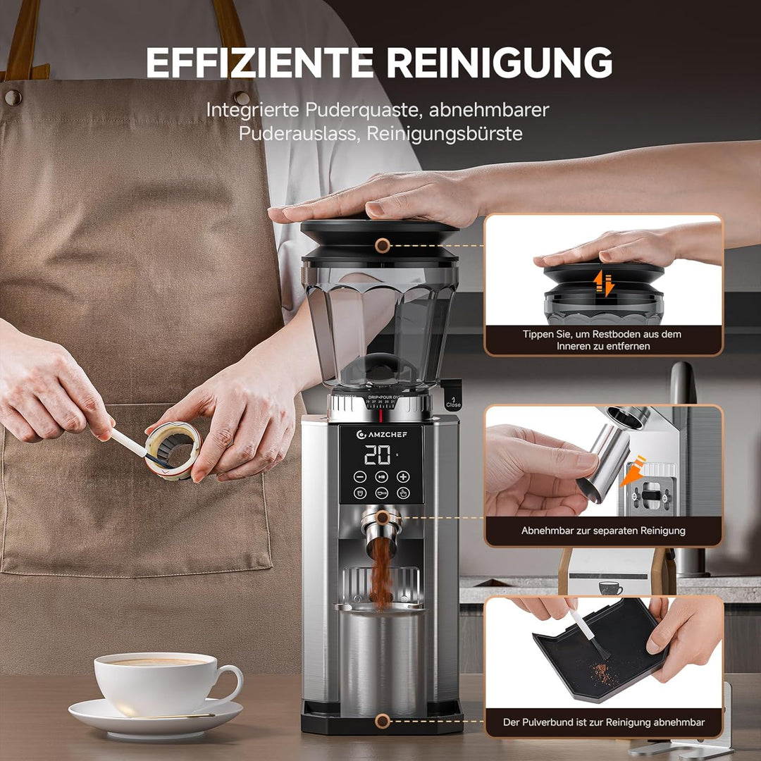 AMZCHEF Elektrische Kaffeemühle mit 45 Mahlgraden, Espresso-Mühle mit höhenverstellbarem Siebträgers