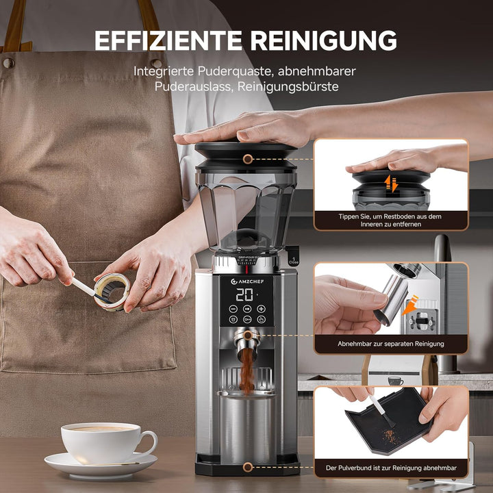 AMZCHEF Elektrische Kaffeemühle mit 45 Mahlgraden, Espresso-Mühle mit höhenverstellbarem Siebträgers