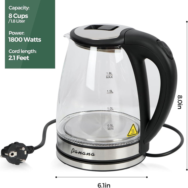 Glas Wasserkocher 1,8 Liter | 1800 Watt | Glas Teekocher | 100% BPA FREI | LED Beleuchtung | Trocken