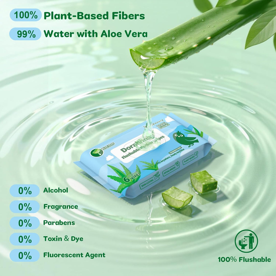 Mini Feuchttücher Reisegrösse, Feuchtes Toilettenpapier spülbar mit Aloe Vera, unparfümiert, 99% Was