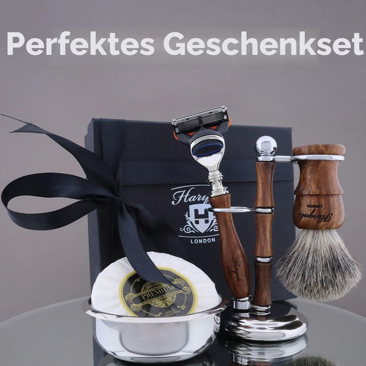Haryali London Herrenrasierset aus Holz mit 5 Klingen, Rasiermesser, Rasierpinsel aus synthetischem