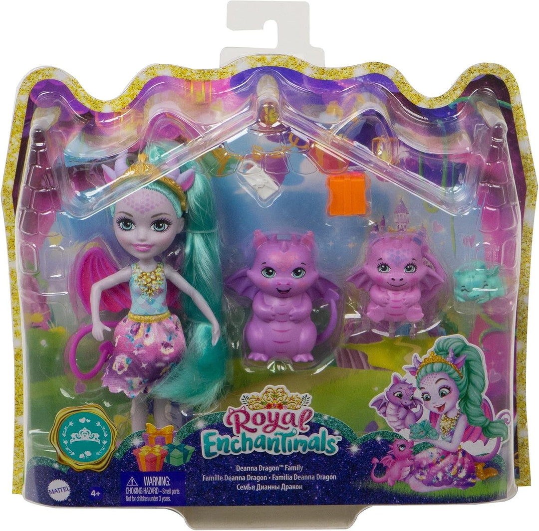 Enchantimals GYJ09 - Deanna Dragon Familie Spielset, Puppe (15,2 cm) mit 3 Drachenfiguren und 4 Zube