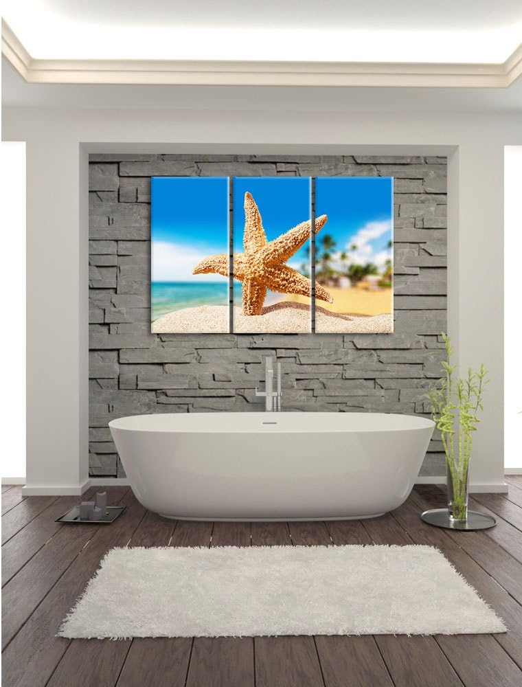 Pixxprint Seestern Palm Beach als Leinwandbild/Grösse: 3 Teilig (120x80) / Wandbild/Kunstdruck/ferti