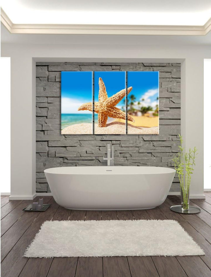 Pixxprint Seestern Palm Beach als Leinwandbild/Grösse: 3 Teilig (120x80) / Wandbild/Kunstdruck/ferti