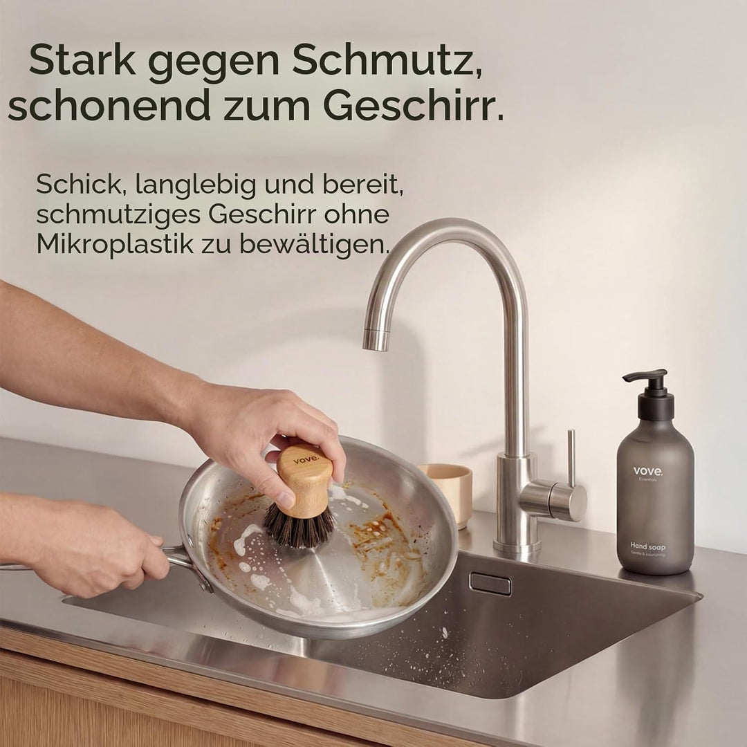Vove Spülbürsten-Set mit Keramikbecher, 3er-Set – FSC-zertifizierter Bambus, plastikfreie, natürlich