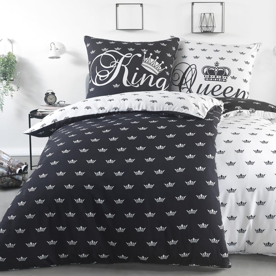BaSaTex 4 teilig Microfaser Partner Bettwäsche Set Queen King 2X 155x220 2X 80x80 cm Weiss Schwarz 1