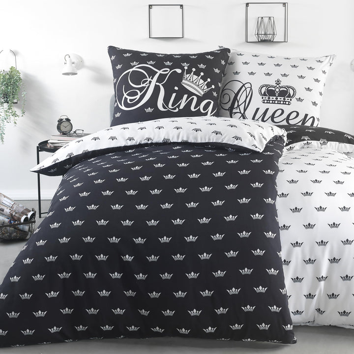 BaSaTex 4 teilig Microfaser Partner Bettwäsche Set Queen King 2X 155x220 2X 80x80 cm Weiss Schwarz 1