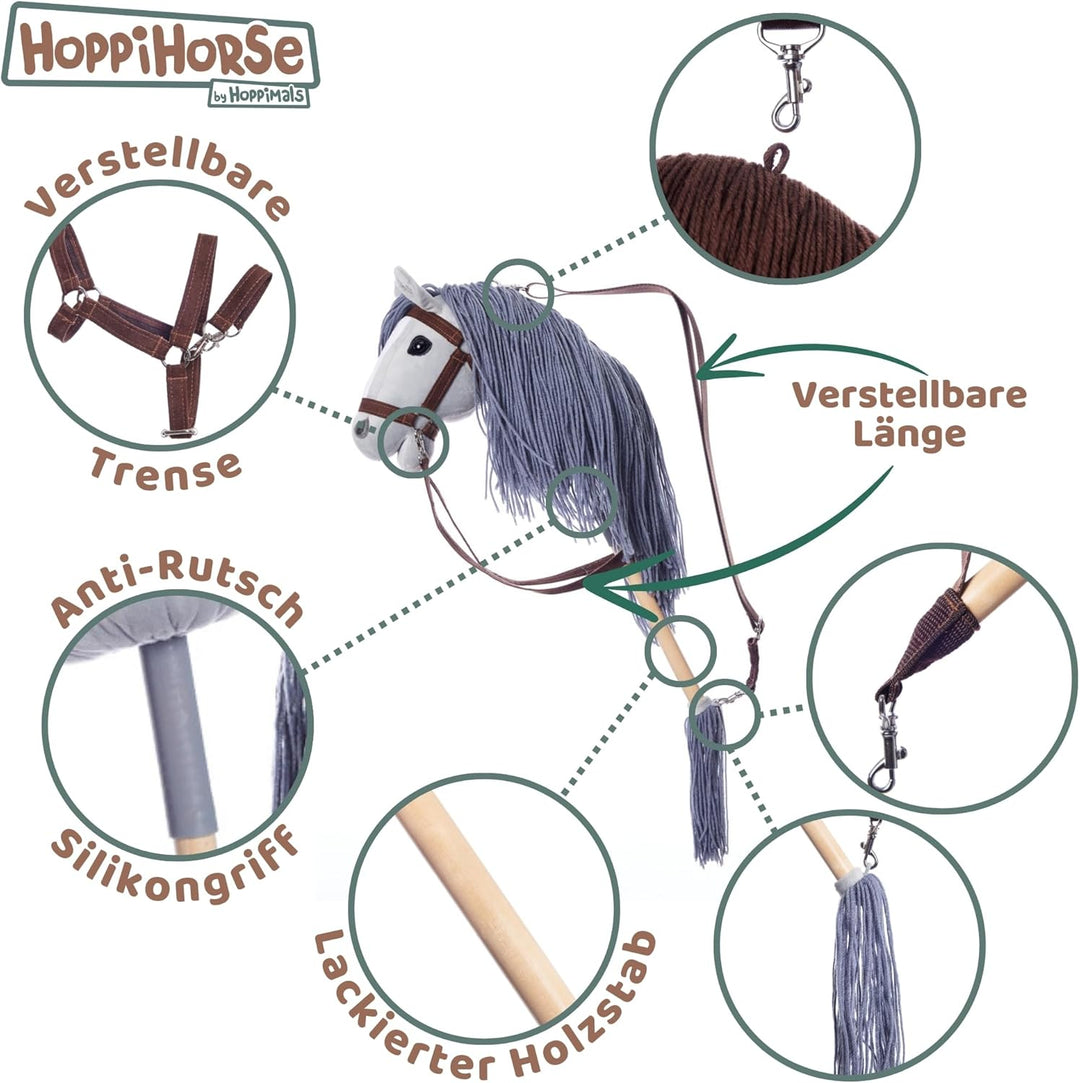 HOPPIHORSE Steckenpferd mit Trense - A4 - Hobby Horse mit Zügeln, Schultergurt, Schweif - hochwertig