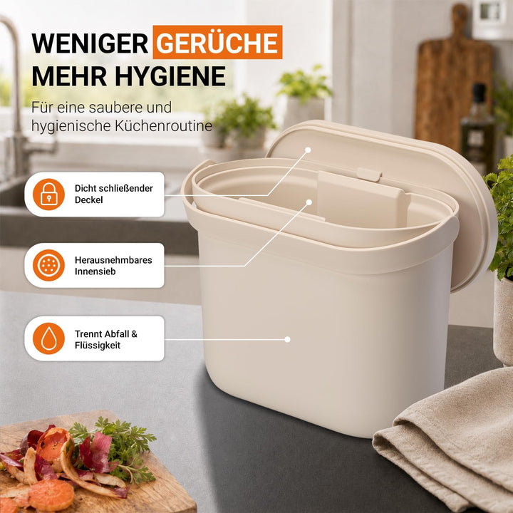 GARANTIA NOVA Biomülleimer Küche 8L Sandbeige Geruchsdichter Komposteimer | für Küchenabfälle Kleine