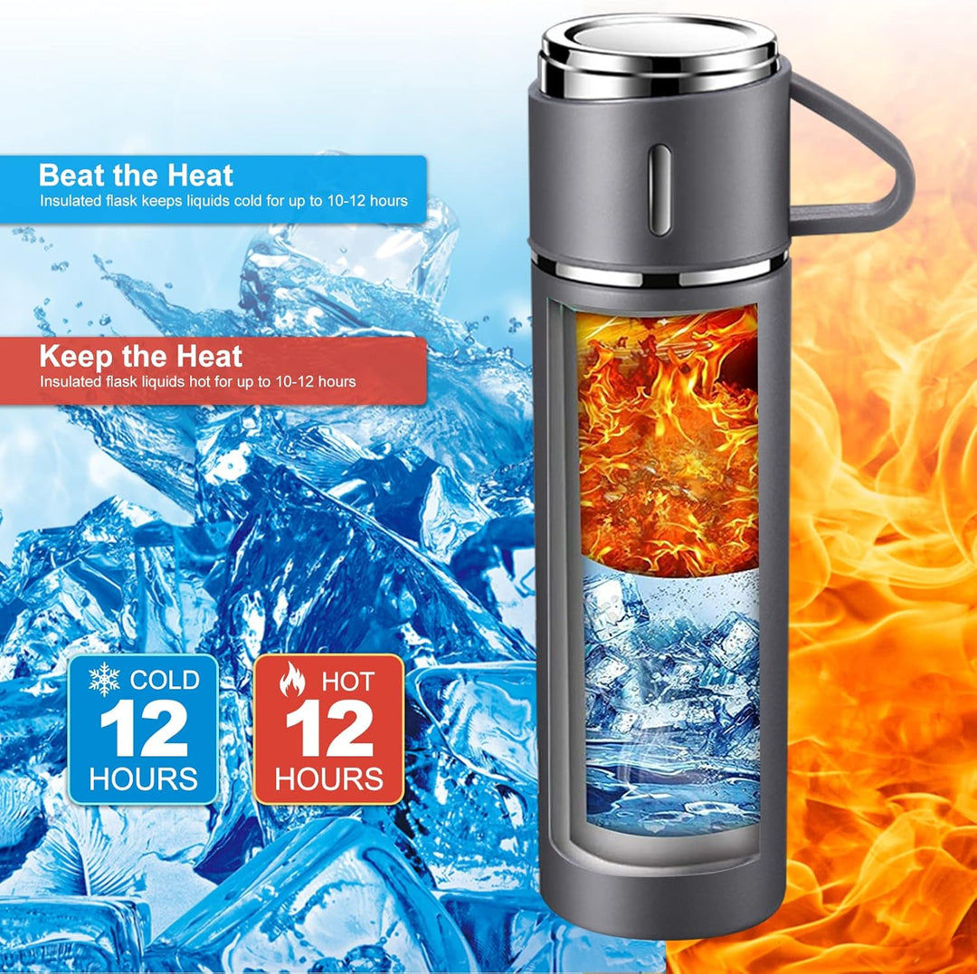 Thermosflasche 500ml mit Becher und Griff, Trinkflasche Edelstahl, Auslaufsichere Isolierflasche für