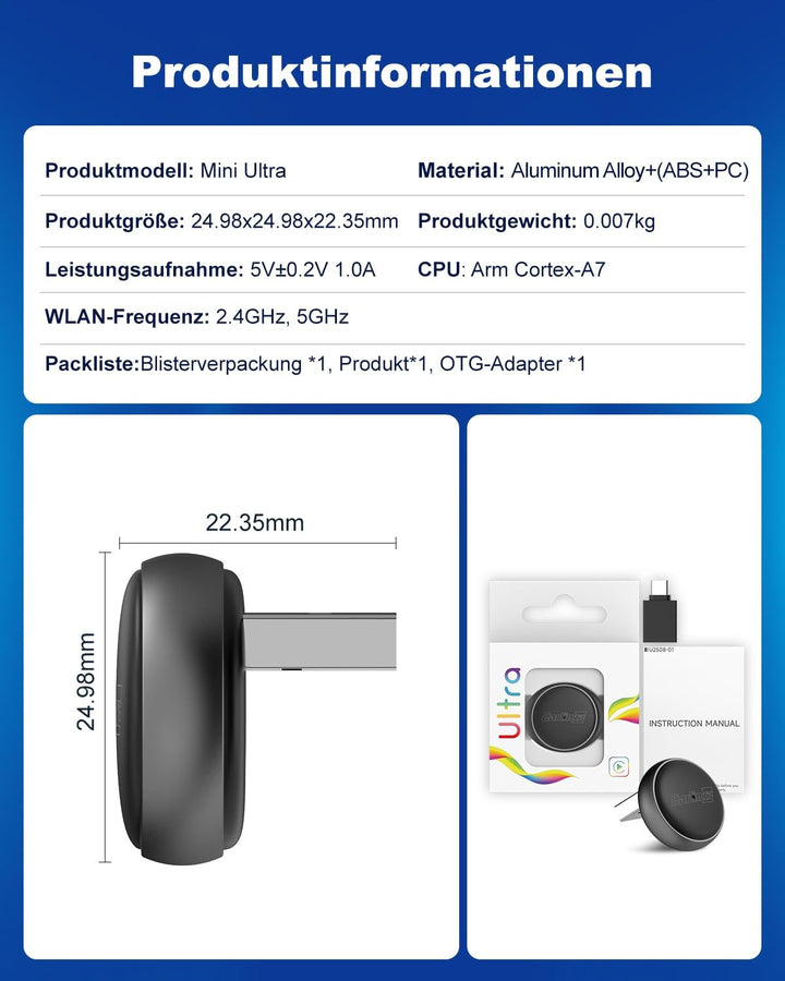 Carlinkit Wireless CarPlay & Android Auto Adapter – Mini Ultra 3, wandelt OEM-Kabelverbindung in kab