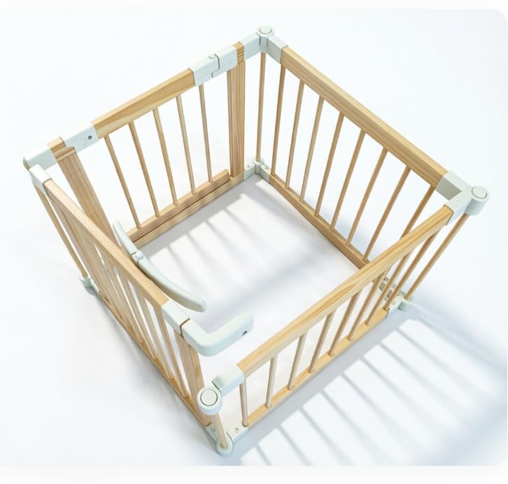 Baby Laufstall aus Holz, faltbar mit Tür und Sicherheitsverschluss, individuell formbares Krabbelgit