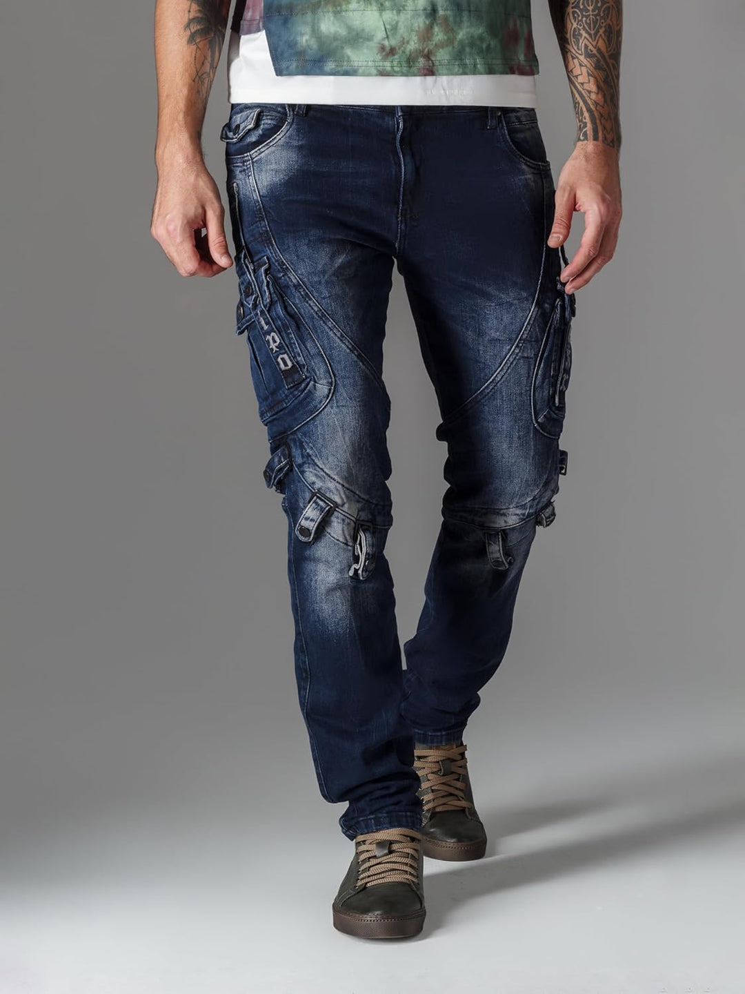 Cipo & Baxx Herren Cargohose | Biker Streetwear Denim | Cargotaschen, Reissverschluss Detail, Stretc