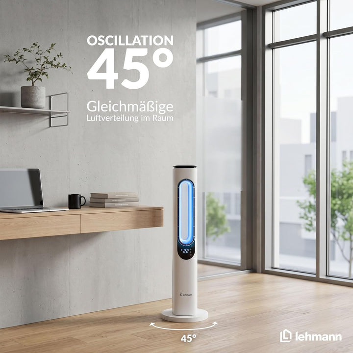 LEHMANN Turmventilator mit Fernbedienung & LED-Display, leiser Ventilator mit Schlafmodus, 15 h Time