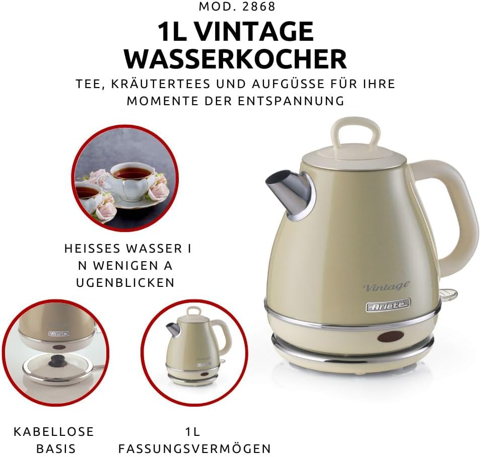 Ariete Vintage Wasserkocher 2868, Retro Elektrischer Wasserkocher mit Kabellosem 360°-Sockel, Abscha