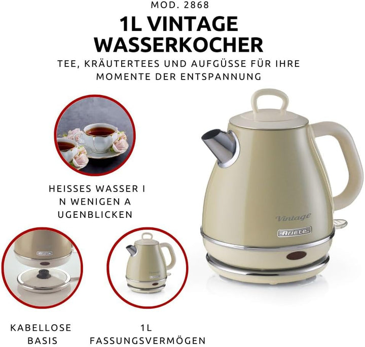 Ariete Vintage Wasserkocher 2868, Retro Elektrischer Wasserkocher mit Kabellosem 360°-Sockel, Abscha