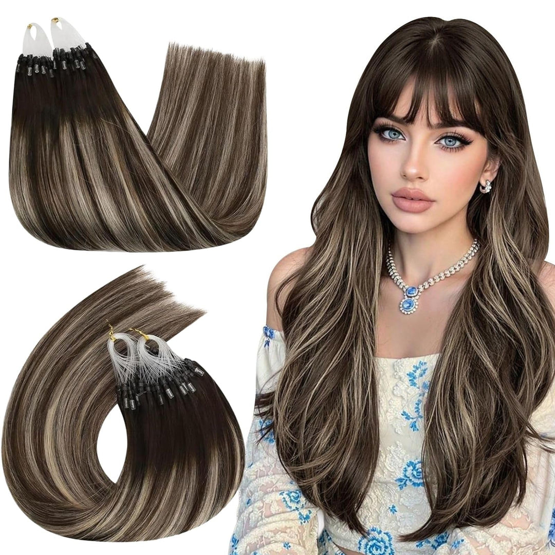 Ugeat 35cm Haarverlängerung mit Microrings Bonding Extensions Echthaar 4/18/4 Balayage Dunkelbraun m