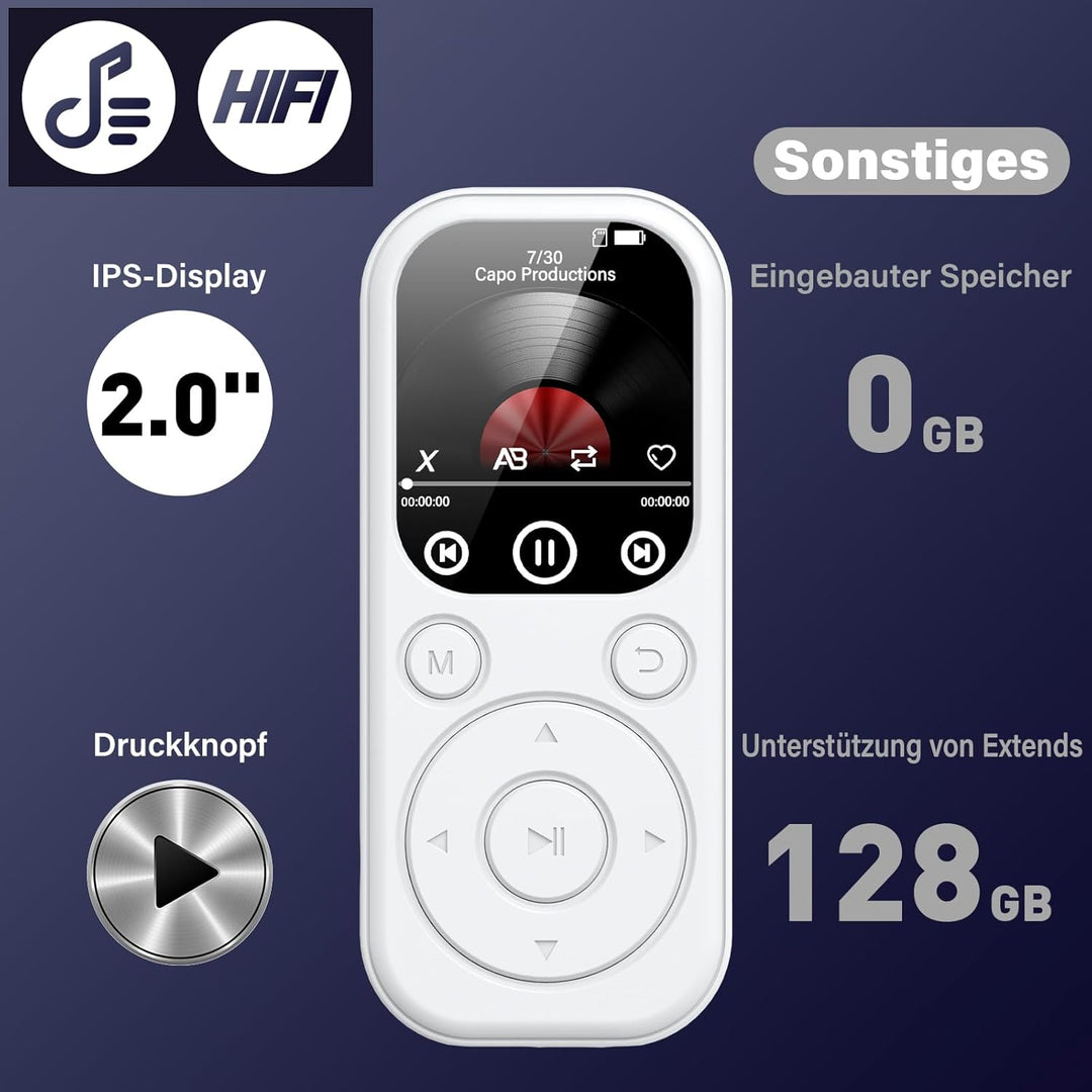 128GB MP3 Player Bluetooth, RWSRW MP3-Player mit Kopfhörer FM Radio Diktiergerät Mini Design HiFi-So