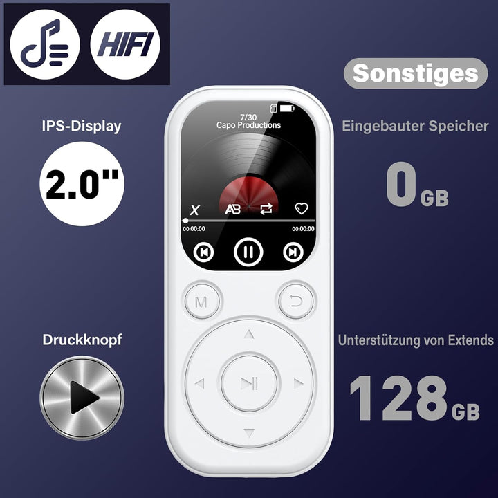 128GB MP3 Player Bluetooth, RWSRW MP3-Player mit Kopfhörer FM Radio Diktiergerät Mini Design HiFi-So