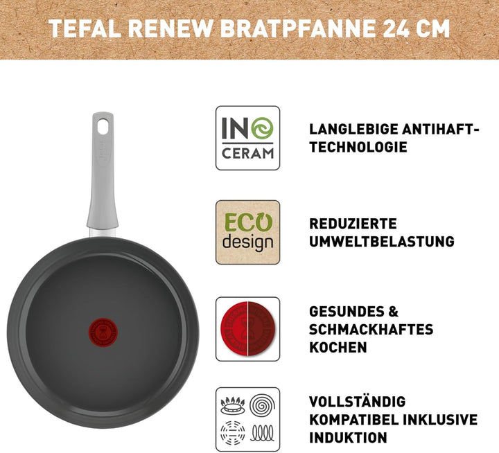 Tefal C42704 Renew On Bratpfanne 24 cm | Keramikversiegelung | umweltfreundlich recycelt | Thermo-Si