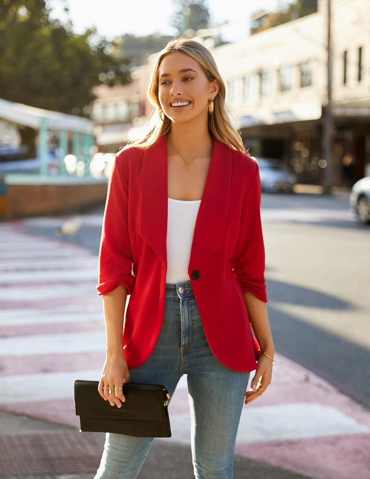 Blazer Damen Sportlich Elegant Longblazer 3/4 Arm Sommer Leicht Business Büro Blazer Jacke Einfarbig