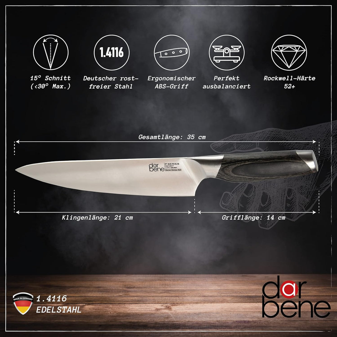 Chefmesser P-Series 20cm Profi Küchenmesser aus deutschem Edelstahl, klassisches Allzweckmesser Koch