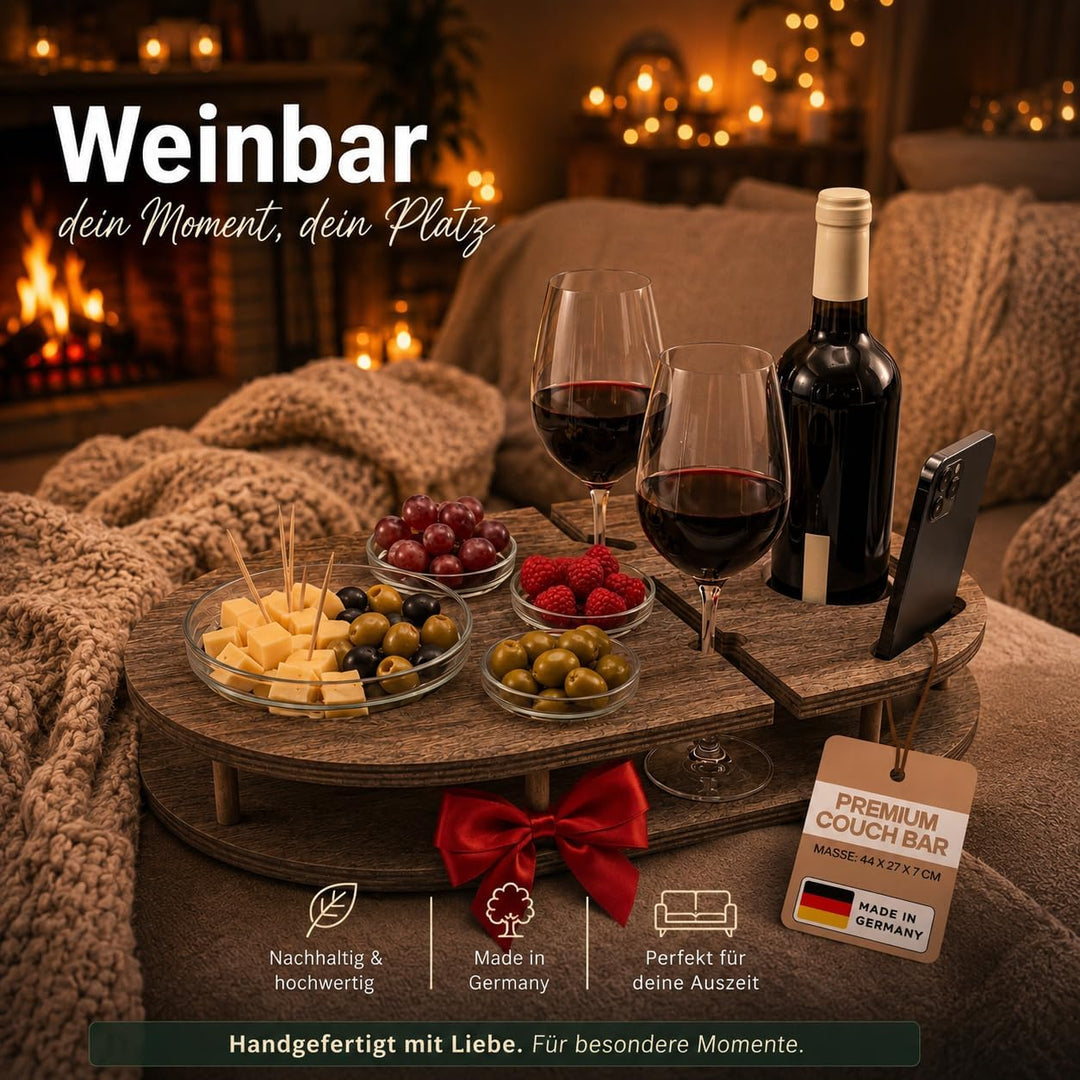 Couchbar Weinbar in grau mit 4 Glasschalen | Couch Tablett für Wein mit Getränkehalterung für Weingl