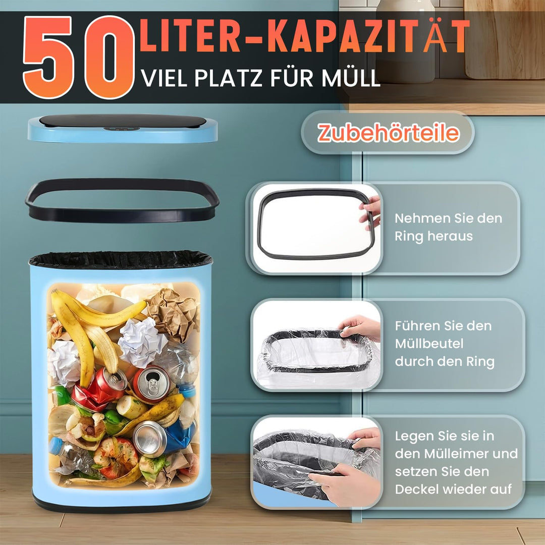 FDW Mülleimer mit Sensor & Deckel, Edelstahl, 50 L Küchenmülleimer, Smart, Automatisch, Berührungslo