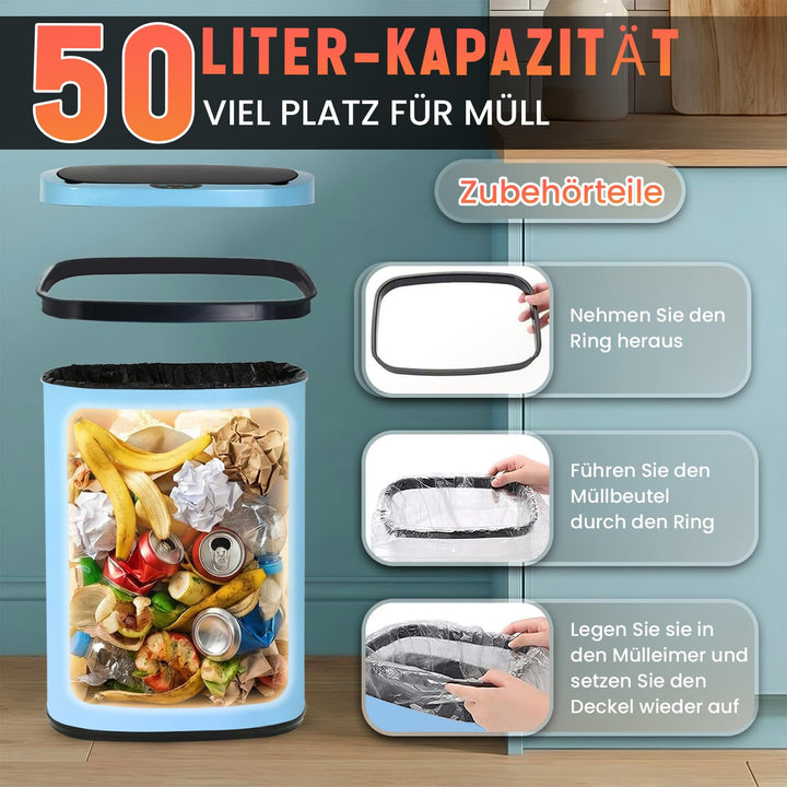 FDW Mülleimer mit Sensor & Deckel, Edelstahl, 50 L Küchenmülleimer, Smart, Automatisch, Berührungslo