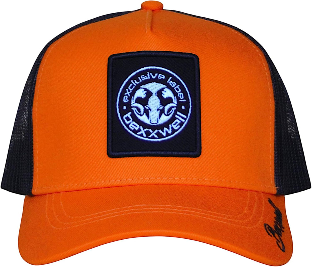 Bexxwell Trucker Cap orange/schwarz mit Logo-Patch (optimale Passform, Kappe, Black, Truckercap, Log