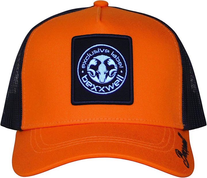 Bexxwell Trucker Cap orange/schwarz mit Logo-Patch (optimale Passform, Kappe, Black, Truckercap, Log