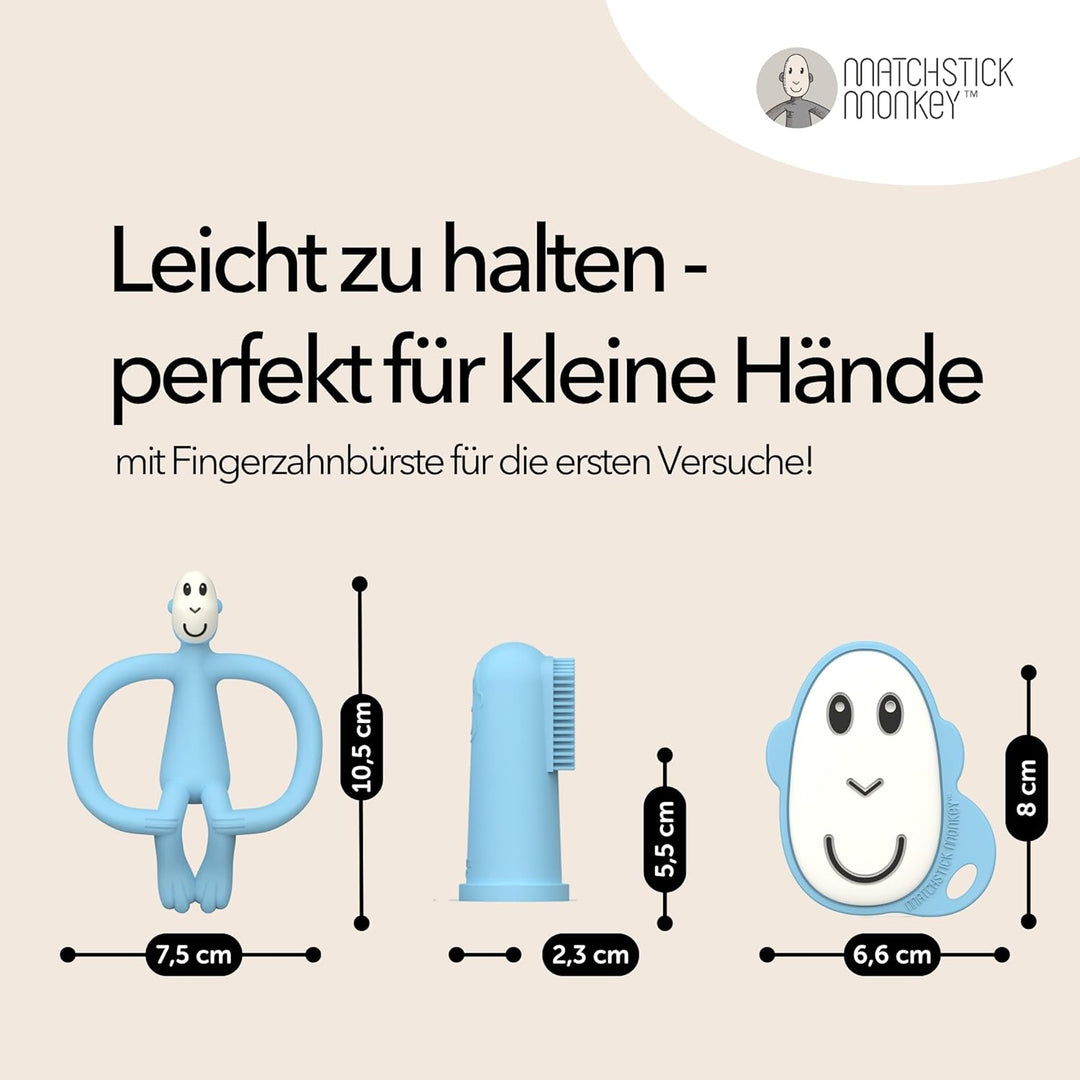 Matchstick Monkey Zahnungs Starter-Set – Flacher Beissring, Tier-Beissring & 2 Silikon-Fingerzahnbür