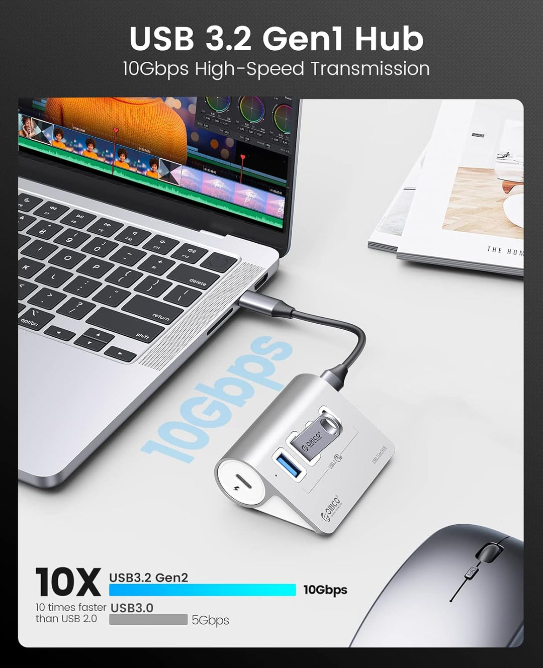 ORICO USB Hub, USB 3.2 Gen 1 Verteiler mit 2 USB-A Port und 2 USB-C Port, Aliuminum USB Splitter mit