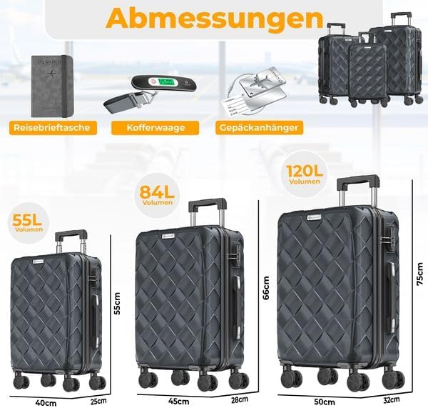 KESSER® Reisekoffer Set 3-teilig | Kofferset ABS Hartschalenkoffer mit Zahlenschloss, Kofferwaage &