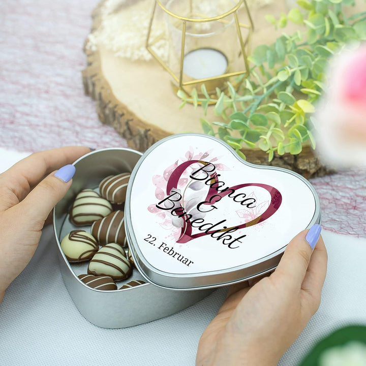 STEMPEL-FABRIK – personalisierbare Herzdose mit Name oder Wunschtext – Aquarell Motiv mit rotem Herz
