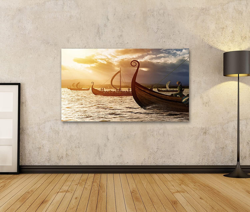 islandburner Bild auf Leinwand Wikinger Sturm Schiffe Meer Bilder Wandbilder Poster Leinwand 100x57c