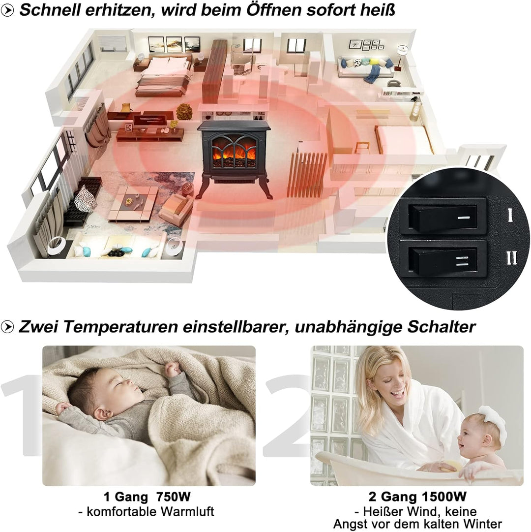 XMTECH 1500W Elektrokamin mit Heizlüfter Elektrischer Kamin Heizung , Heizer Ofen mit LED Kaminfeuer