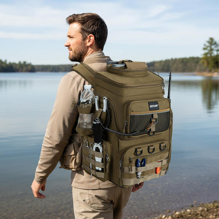 Goture Angelrucksack mit 4 Köderbox Angeln, 55-Liter Angelzubehör-Rucksack mit Zwei Rutenhaltern und