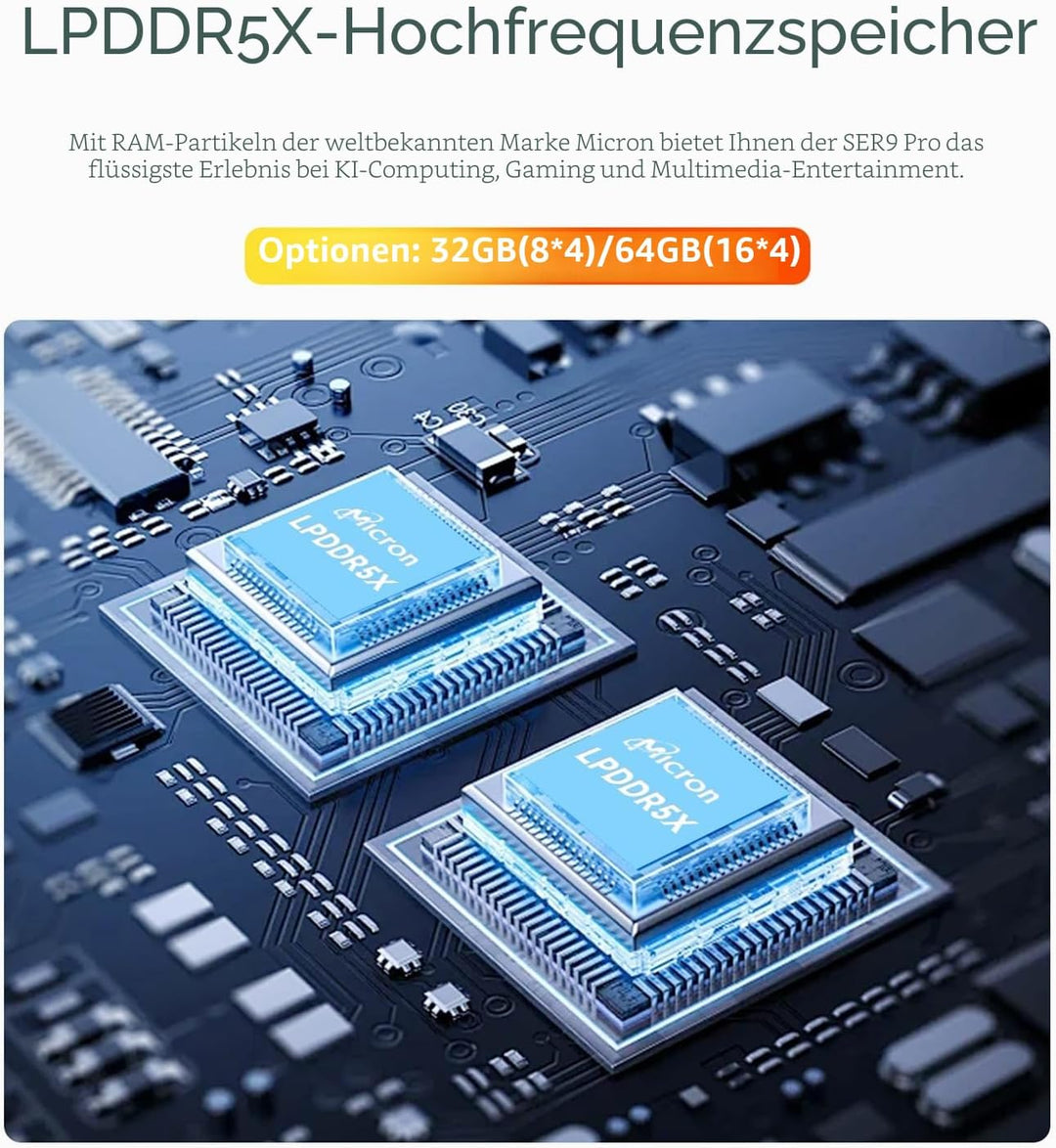 Beelink SER9 Pro AI Mini PC, AMD Ryzen AI 9 HX 370(12C/24T, bis zu 5.1GHz), Mini Computer 32GB LPDDR