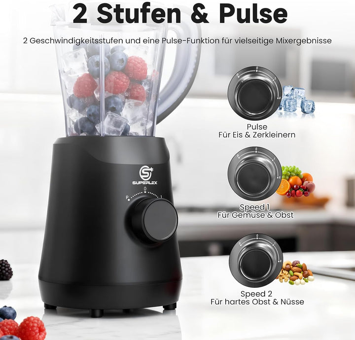 Standmixer 500W Smoothie Maker, 1,5L Mixer mit 2 Geschwindigkeiten | Pulsfunktion, Edelstahlklingen