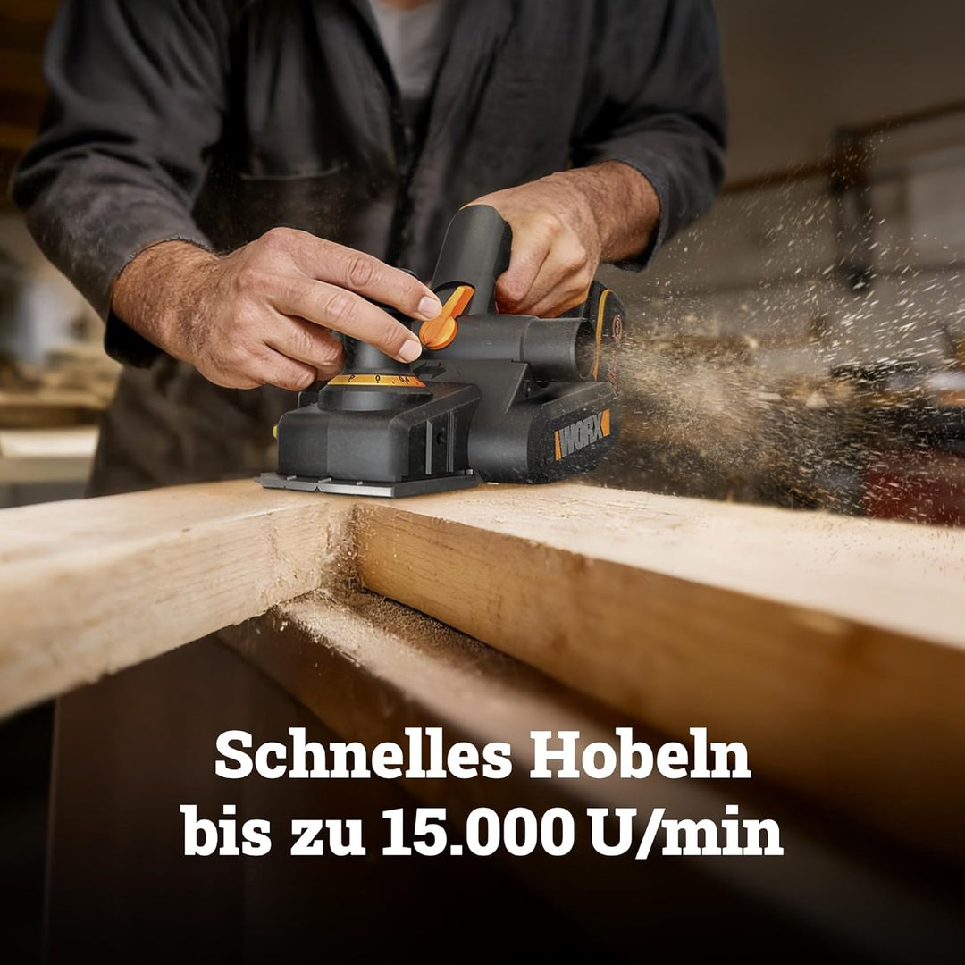 WORX WX620.9 Akku Hobel 20V, 82 mm Hobelbreite, Brushless Motor, 0–2 mm Spanabnahme, Falztiefe 0–8 m