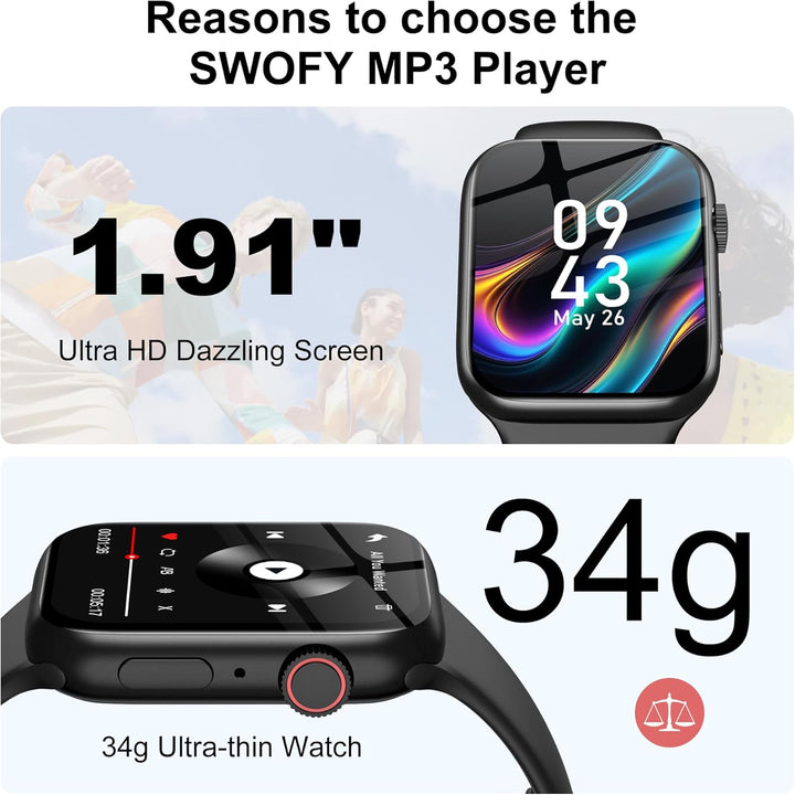 SWOFY MP3-Player – 32GB Speicher + Bluetooth 5.3, Touchscreen + HiFi-Aufnahme, Fitness-Tracker für S