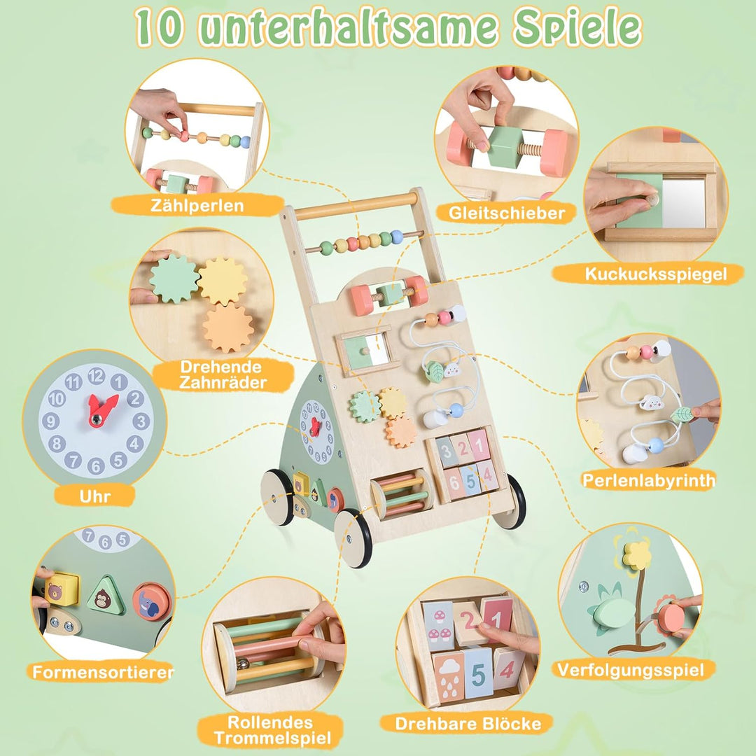 COSTWAY Baby Lauflernwagen Holz, Lauflernhilfe mit Activity Board, Rädern & Aufbewahrungskorb, Laufw