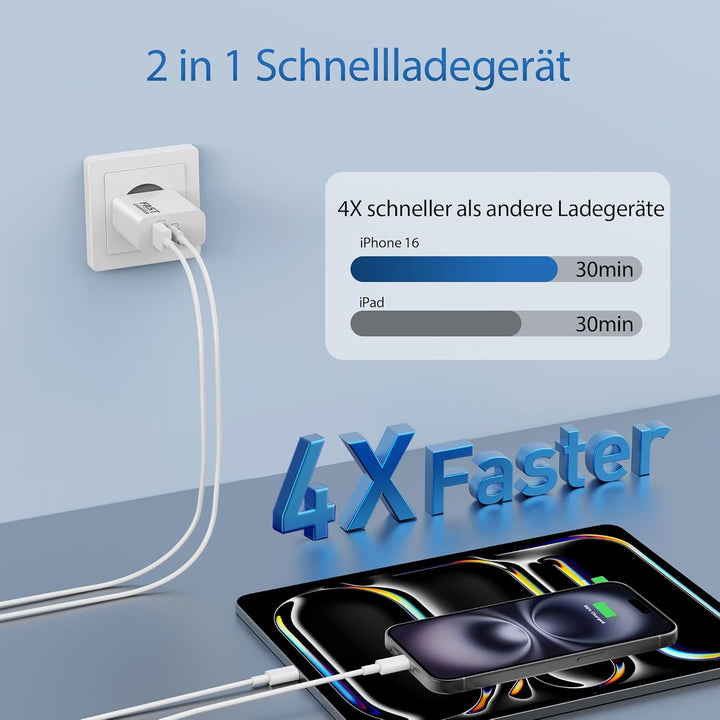 40W USB C Ladegerät + 3M Lang Ladekabel für iPhone 17/Pro Max Air/16/16e/15 Plus, iPad 11/10/A16, Ga