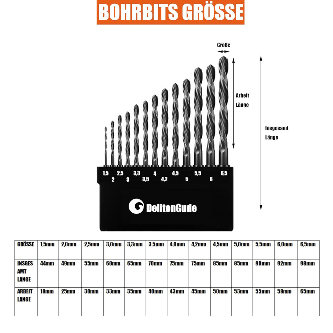 DelitonGude 13pcs 1,5mm-6,5mm HSS M35 Cobalt Twist Bohrer, Hochgeschwindigkeitsstahl, passend für St