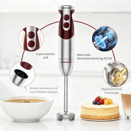 3-in-1 Taucher-Stabmixer, leistungsstarker 1000 W Edelstahl-Stabmixer, 4 scharfe Klingen mit Schneeb