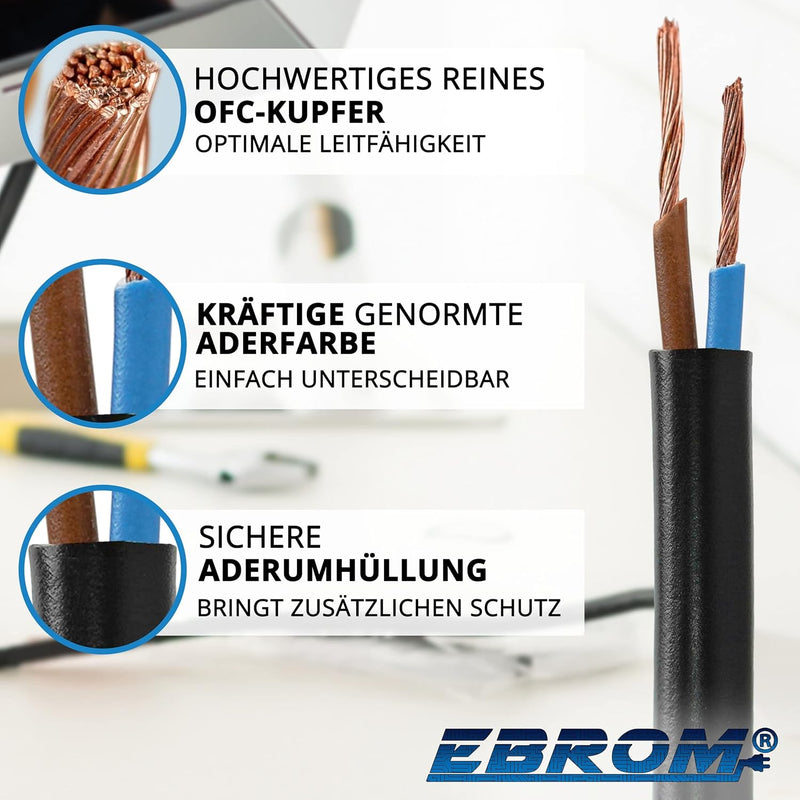 EBROM Kunststoff Schlauchleitung RUND, Kabel, Stromkabel, Leitung, Gerätekabel H05VV-F 2x1,5 mm² Far