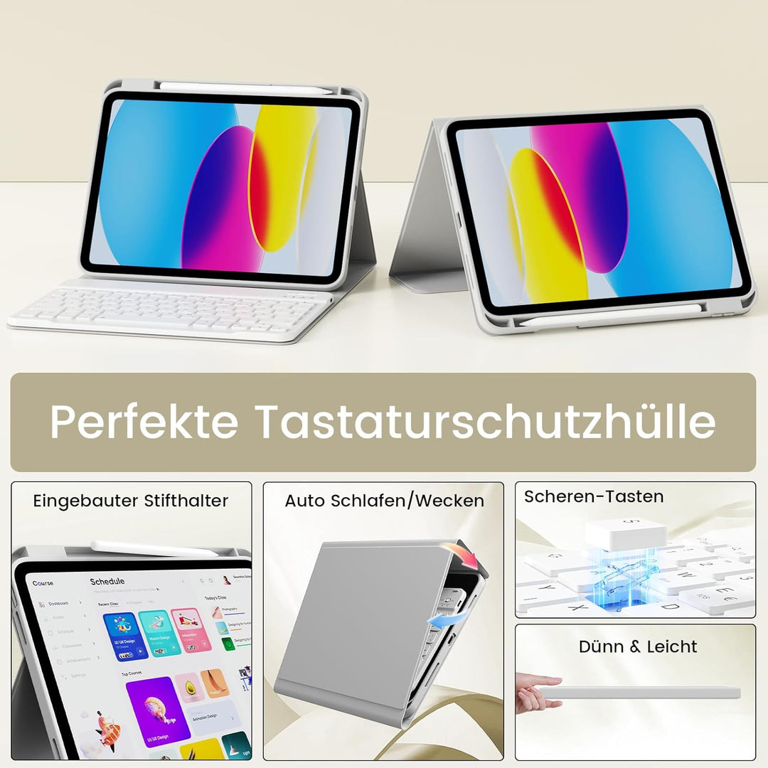 Hülle mit Tastatur für iPad 11/10 Generation mit Stifthalter, Magnetisch Abnehmbare Kabellose Blueto