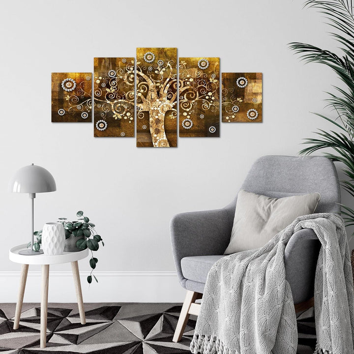 Runa Art Wandbilder Gustav Klimt Baum des Lebens 5 Teilig Bild auf Vlies Leinwand Deko Wohnzimmer Sc